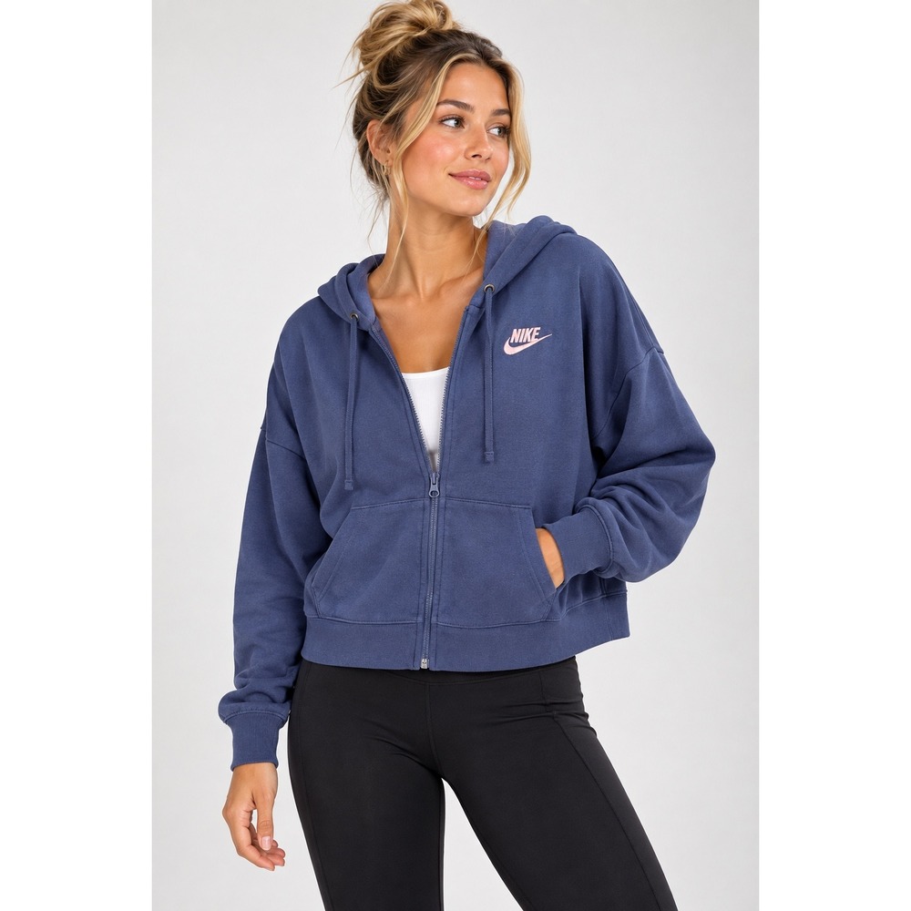 Nike Womens Full Zip Cropped Hoodie Navy Blue Pink Logo Size Large CJ3752-470